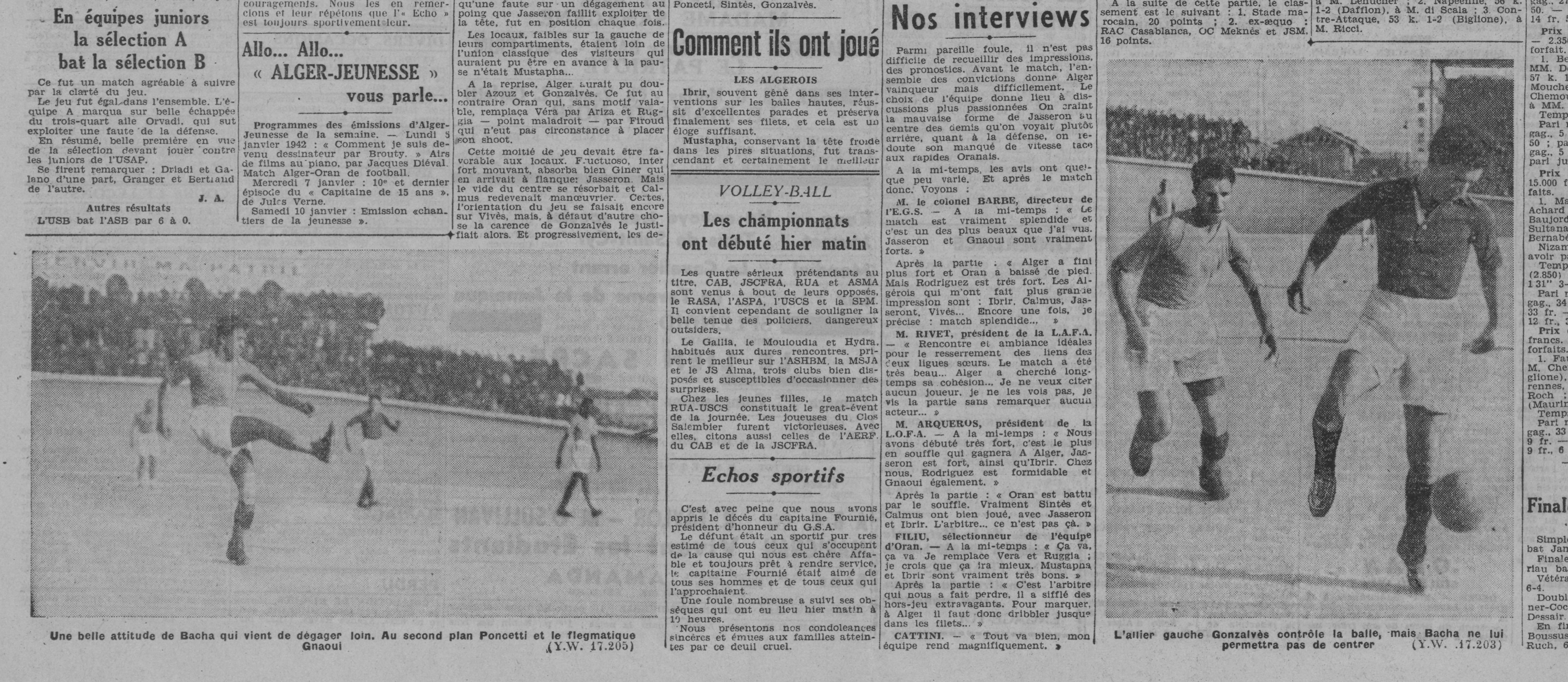 Dimanche 4.1.1942 Amical Sélection d'Alger sans aucun Mouloudéen-Oran avec Firoud 1-0