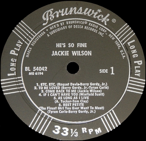 Jackie Wilson : Album " He's So Fine " Brunswick Records BL 54042 [ US ]