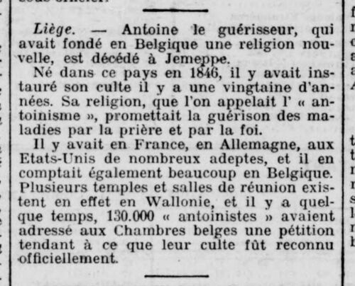 Mort d'Antoine le Guérisseur (La Liberté, 27 juin 1912)