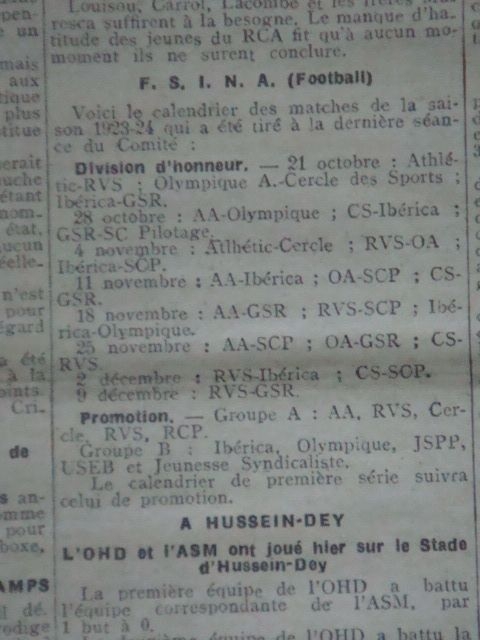 Calendrier de la F.S.I.N.A la division ou le MCA se trouvait la saison passée
