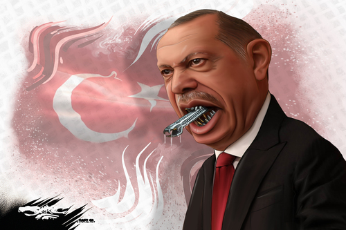 dessin de JERC et texte d'AKAKU du lundi 14 octobre 2019 caricature Recep Tayyip Erdogan erdo haine : Avec les kurdes y se tend www.facebook.com/jercdessin @dessingraffjerc