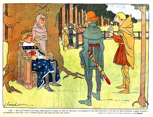 Saint-Louis et la perception de ses frais de justice (dessin de Joseph Hémard, né en 1880, décédé en 1961. Le Sourire, 4 janvier 1912. BnF). 