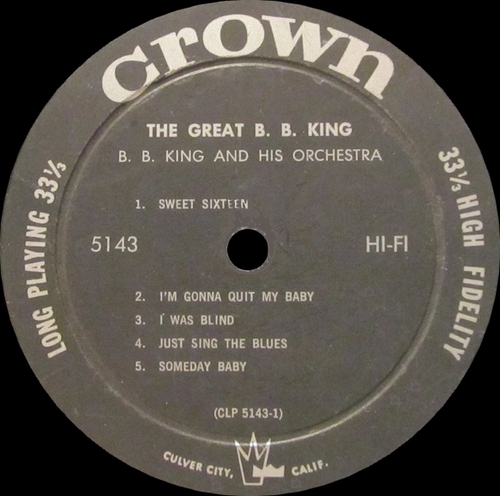 B.B. King & His Orchestra : Album " The Great B.B. King " Crown Records 5143 [ US ]