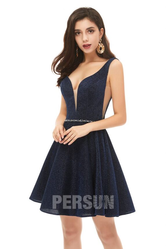 sexy robe de soirée courte scintillant bleu nuit col v plongeant côté transparent