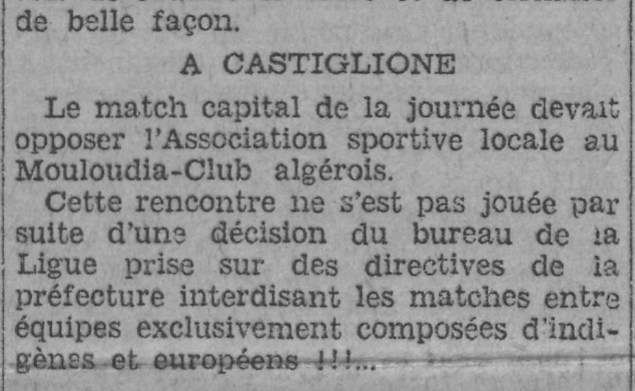 Dimanche 30.3.1930 à Castiglione ASC-MCA non joué MCA refuse les européens