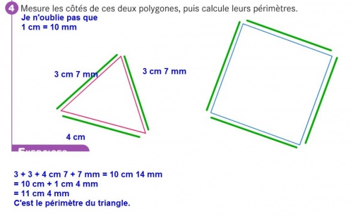 Géométrie: longueur de ligne et périmètre de polygones (je retiens 1 cm = 10 mm)