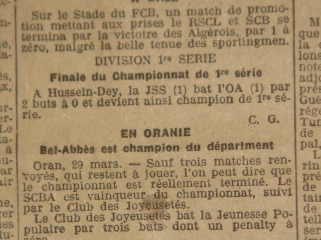 29.3.1925 Finale Championnat 1ère Série JSS-Olympique Algérois 2-0