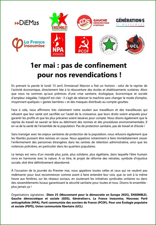 1er mai 2020  pas de confinement pour nos revendications