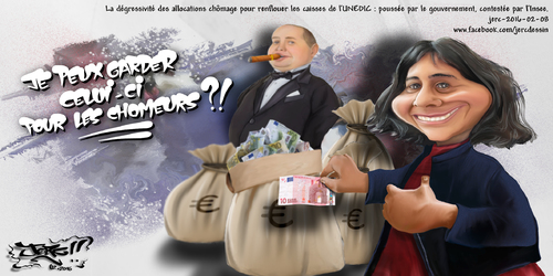 JERC 2016-02-08, caricature Myriam El Khomri, Faire payer aux plus pauvres pour exonérer les entreprises de charges unedic www.facebook.com/jercdessin Cliquer sur la photo pour voir en plus grand.