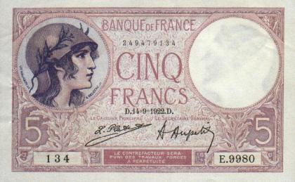 LE BILLET LE 5 FRANCS VIOLET