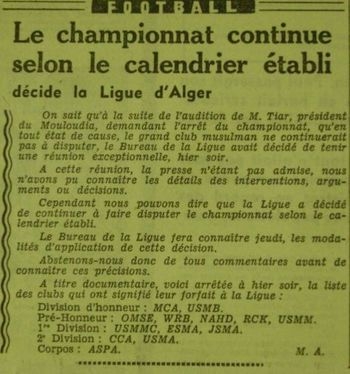 11 Mars 1956 Le MCA et les clubs Musulmans se retirent