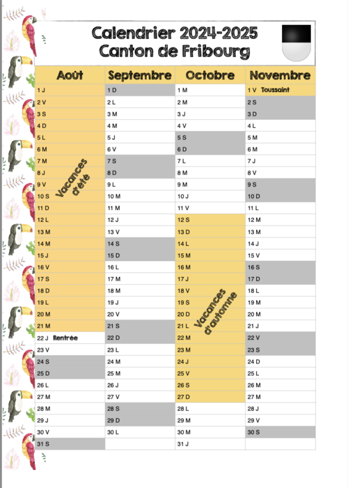 Calendriers scolaires 2024-2025