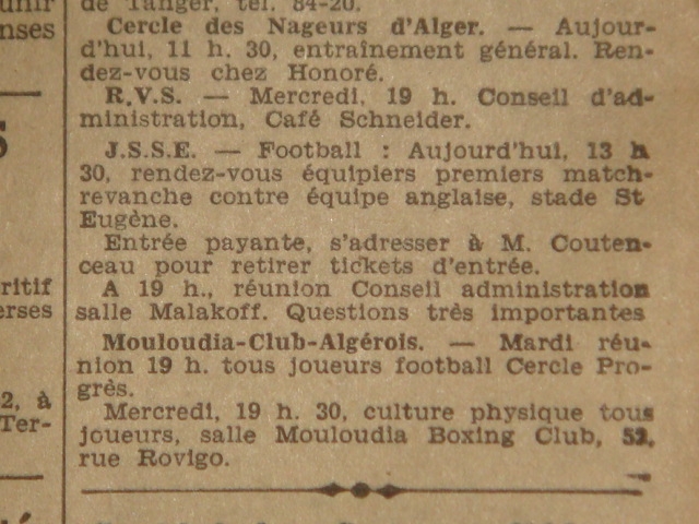 Mercredi 6.4.1932 Réunion au Mouloudia Boxing Club (nouvelle salle de boxe du MCA)