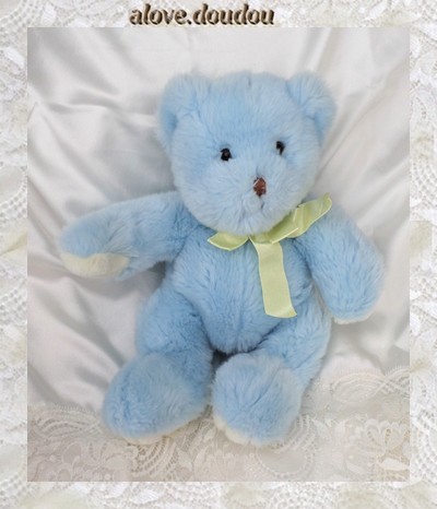 Doudou Peluche Ours Nounours  Bleu Noeud Jaune