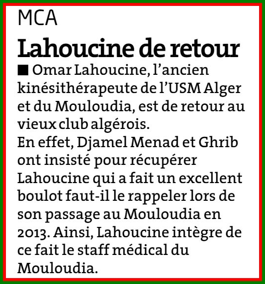 Le kinésithérapeute Omar Lahoucine retourne au Club
