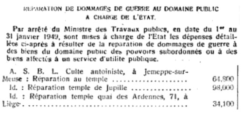 Réparation des temples après guerre (Moniteur belge, N°82, 23 mars 1949)