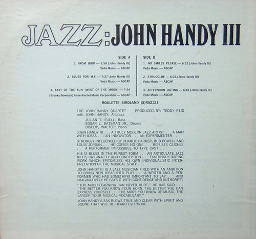 John Handy : Album " Jazz / John Handy III LP Roulette Records SR-52121 [ US ]