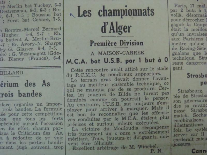 D 17.5.1936 MCA-US Blida 1-0 Match barrage pour le titre de Champion de 1ère Division