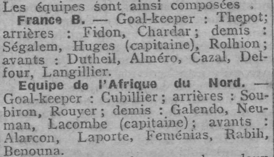 Dimanche 24.3.1929 au Stade Colombe Paris Amical France B-sélection Algérie Maroc 6-1 avec Benouna