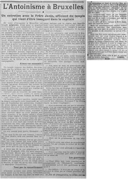 L'Antoinisme à Bruxelles (La Nation Belge, 11 août 1925)(Belgicapress)
