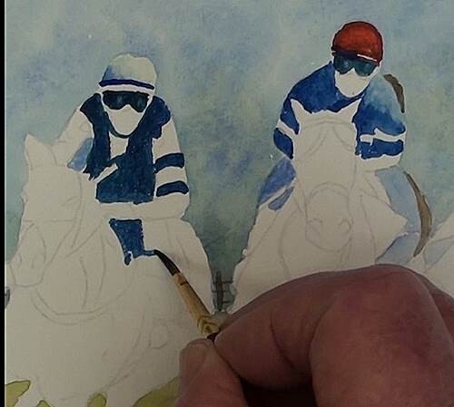 Dessin et peinture - vidéo 3834 : Comment peindre une course de chevaux sur un hippodrome ? - aquarelle.