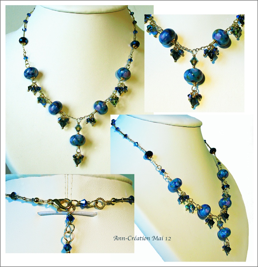 Collier Bleu, Perles d'Artiste, Verre filé, Cristal de Swarovski / Plaqué Or 14kt & Laiton