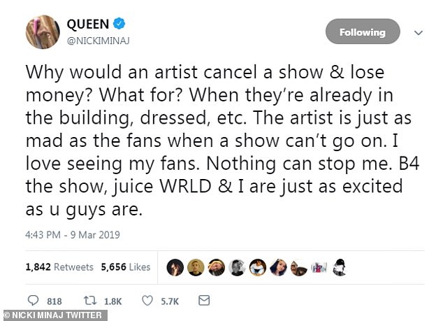 Good point: 'Why would an artist cancel a show & lose money?' Nicki also took to Twitter herself to address the missed show