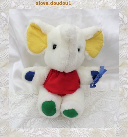 Doudou Peluche Eléphant Assis Berchet Blanc Rouge Vert Jaune Bleu Vintage Grelot