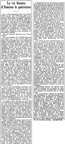 La vie bizarre d'Antoine le guérisseur (Le Soir, 9 juin 1934)(Belgicapress)