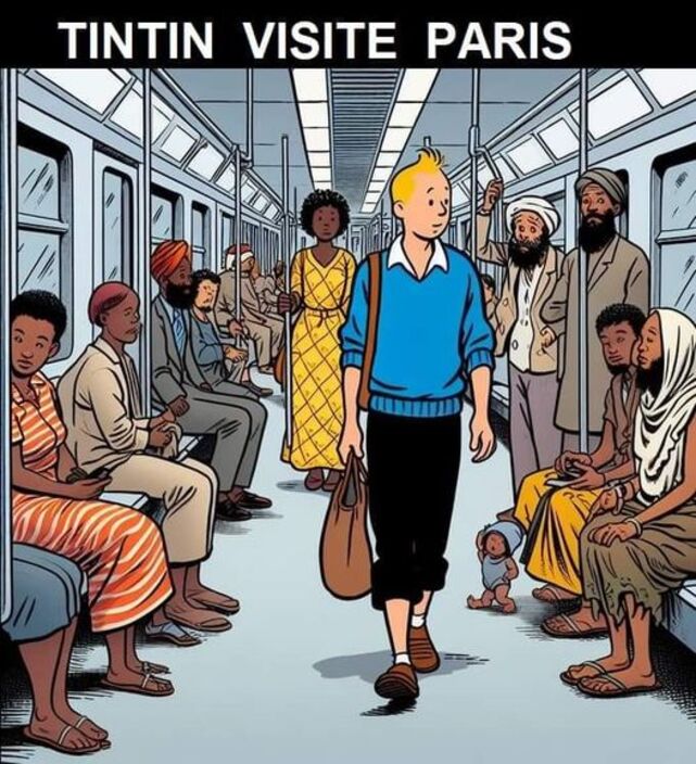 Peut être un dessin de texte qui dit ’TINTIN VISITE PARIS’