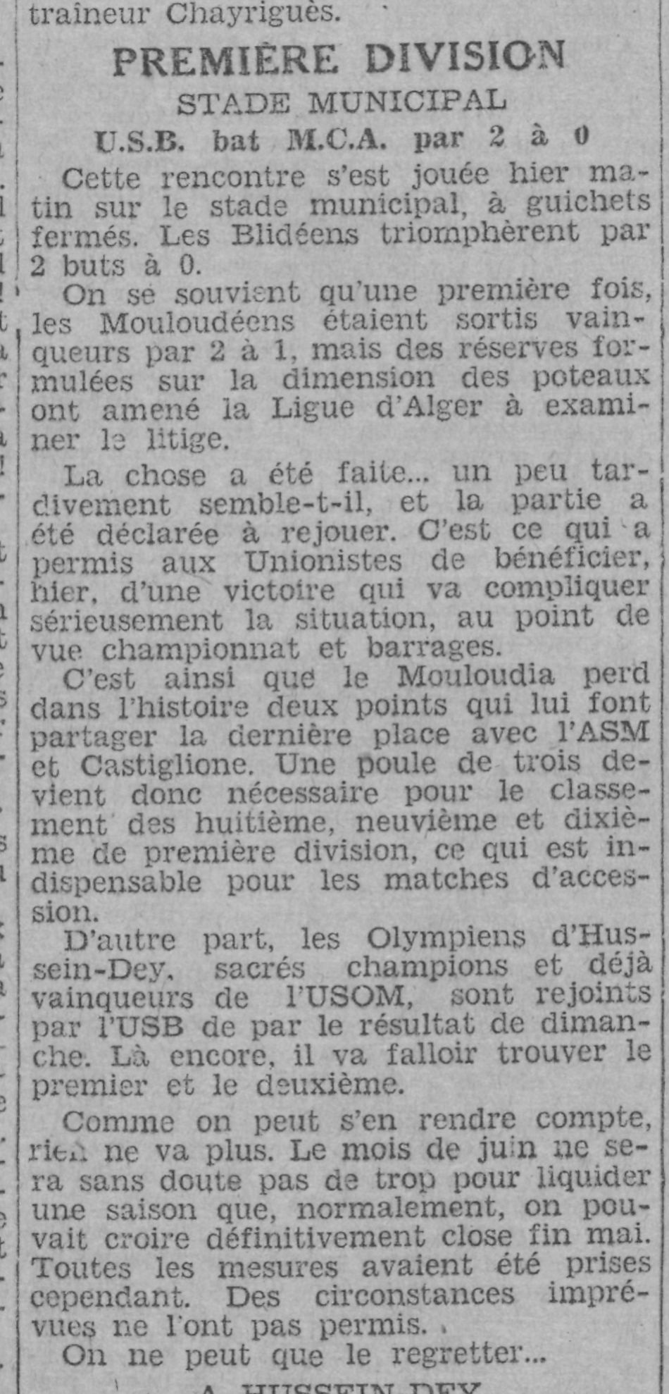 Dimanche 22.5.1932 au municipal match à rejouer MCA-USB 0-2