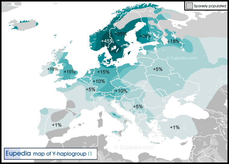 Répartition géographique de l'haplogroupe I1 en Europe