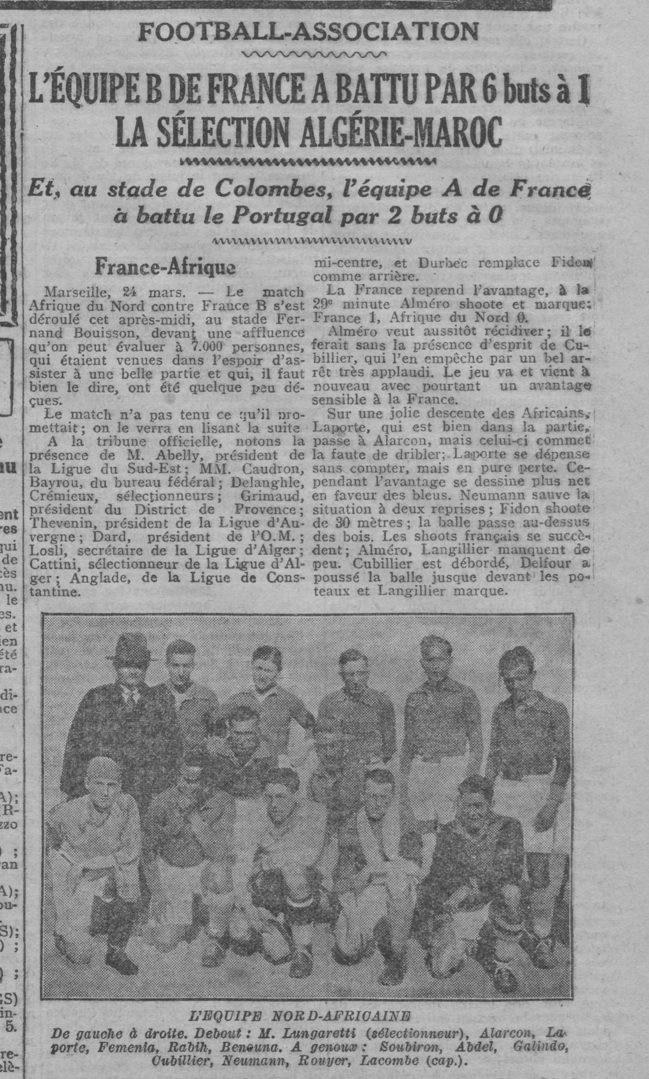 Dimanche 24.3.1929 au Stade Colombe Paris Amical France B-sélection Algérie Maroc 6-1 avec Benouna