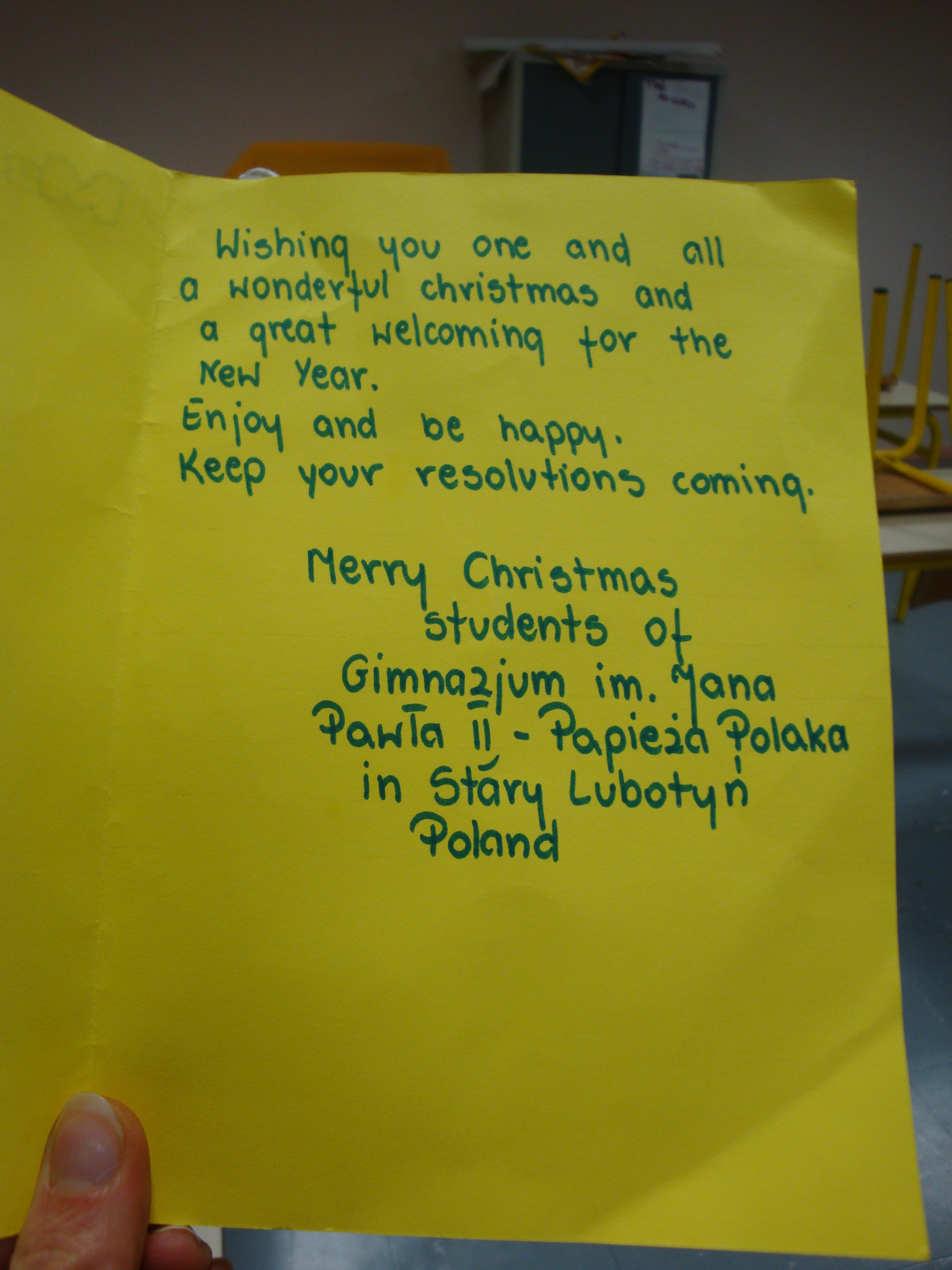 Look at the Christmas card we received from our Polish pen pals