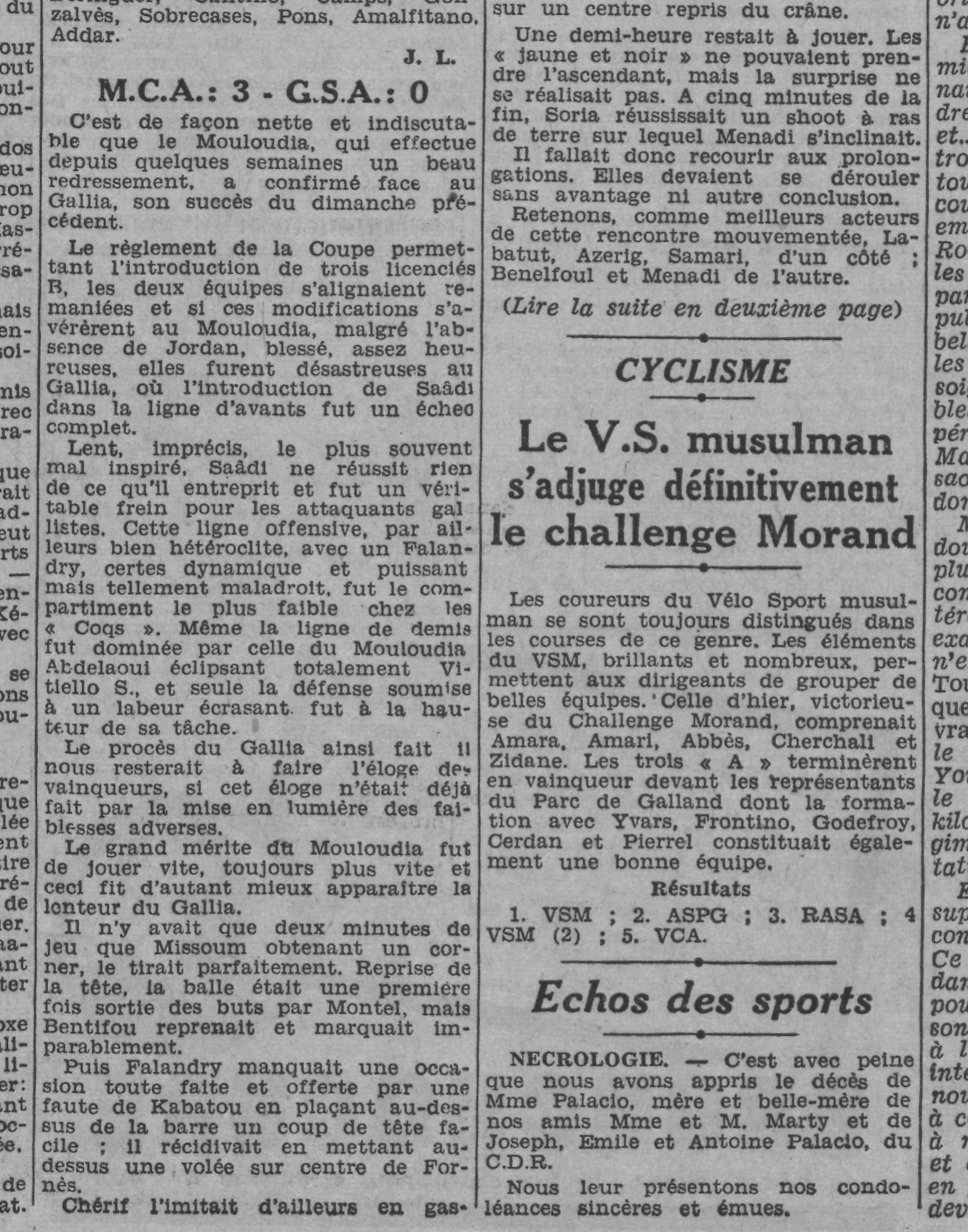 D 2.2.1941 à St Eugène coupe de la ligue d'Alger 8ème de finale MCA-Gallia SA 3-0