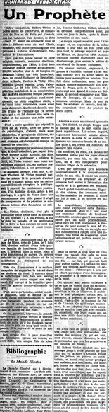 Feuillets littéraires - Un Prophète (L'Indépendance Belge, 12 février 1936)(Belgicapress)