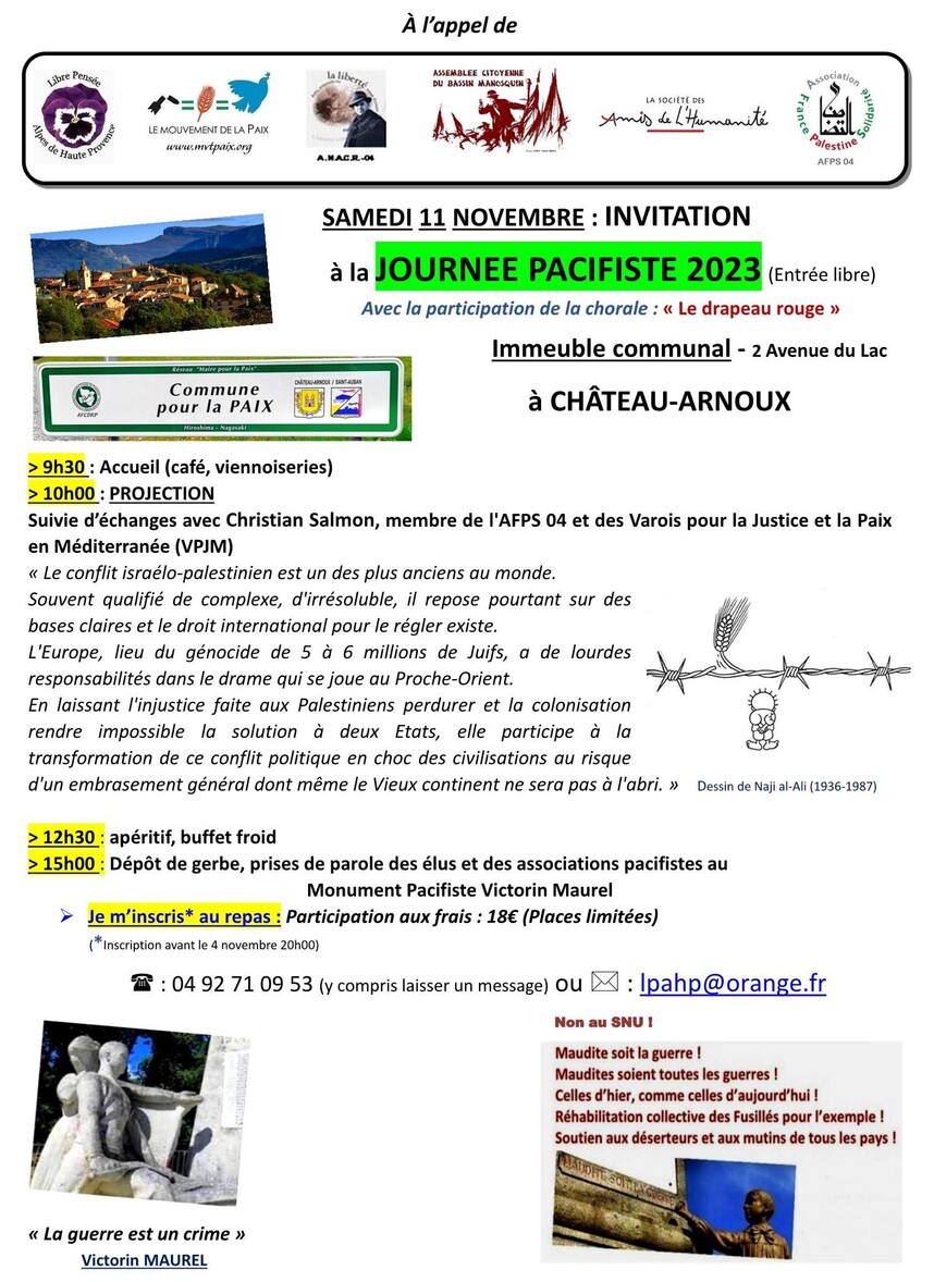 11 NOVEMBRE 2023 : JOURNEE PACIFISTE à Château-Arnoux / INVITATION!