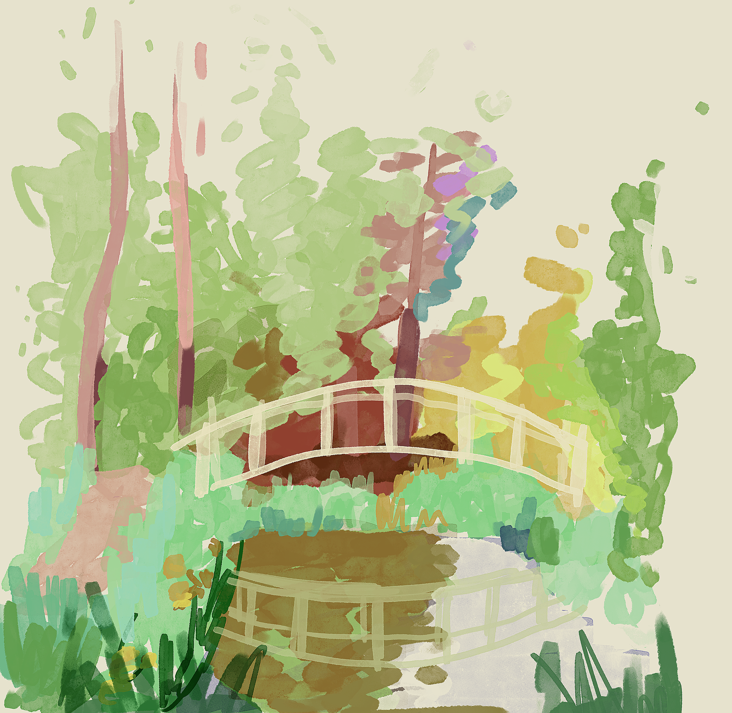 abstract picture of giverny garden with a bridge
