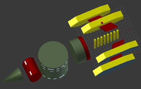 Cône, cylindres, cubes et propulseurs complètent le vaisseau