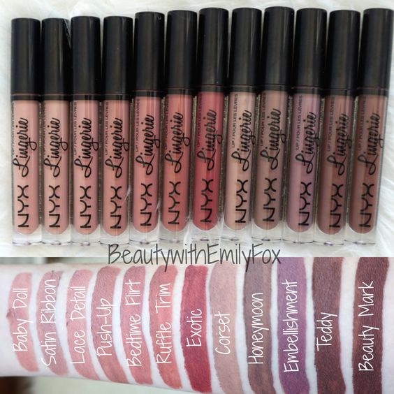 NYX Lingerie Liquid Lipstick Swatches - Baby Doll, Satin Ribbon, Lace Detail, Push-Up, Bedtime Flirt, Ruffle Trim, Exotic, Corset, Honeymoon, Embellishment, Teddy and Beauty Mark.: 