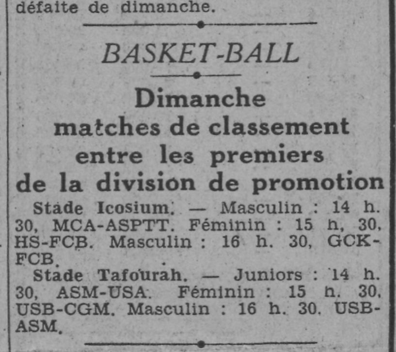 D 26.4.1942 Basketball MCA gagne le match des  premiers contre ASPTT 27-16