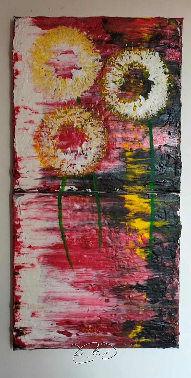 2022 - 30x60 (2 toiles 30x30) - Enduit, pouring acrylique et motifs peints - CP