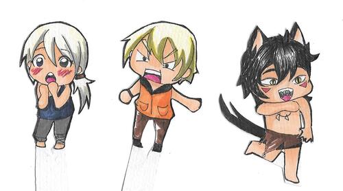 Trois personnages dans "Urufu" en chibi