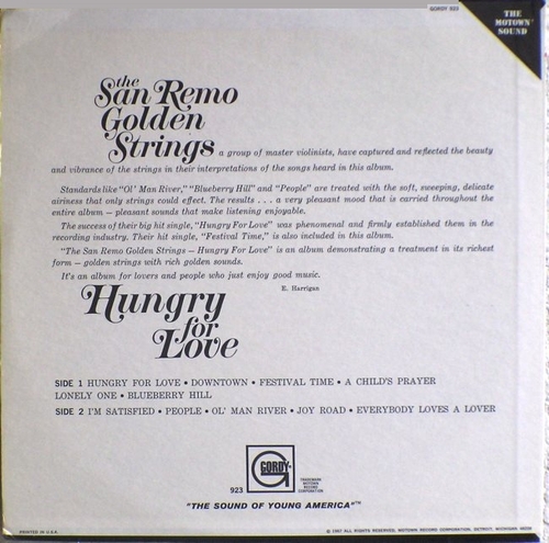 The San Remo Golden Strings : Album " Hungry For Love " Ric-Tic Records ‎SLP-901 [ US ]