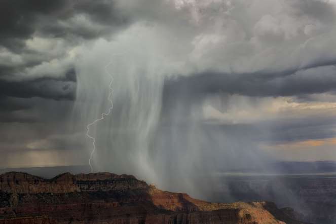 Lightning strikes Mt. Wooley, north rim, Grand Canyon National Park, Arizona, USA