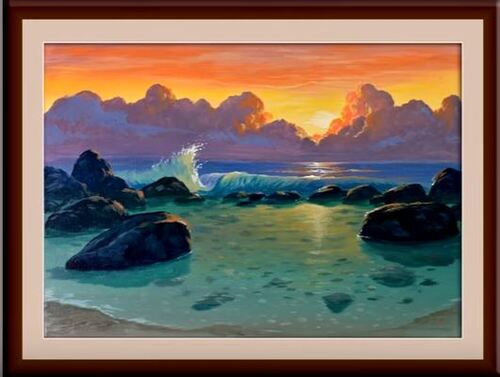 Dessin et peinture - vidéo 3124 : Le coucher de soleil sur la plage - acrylique ou huile.