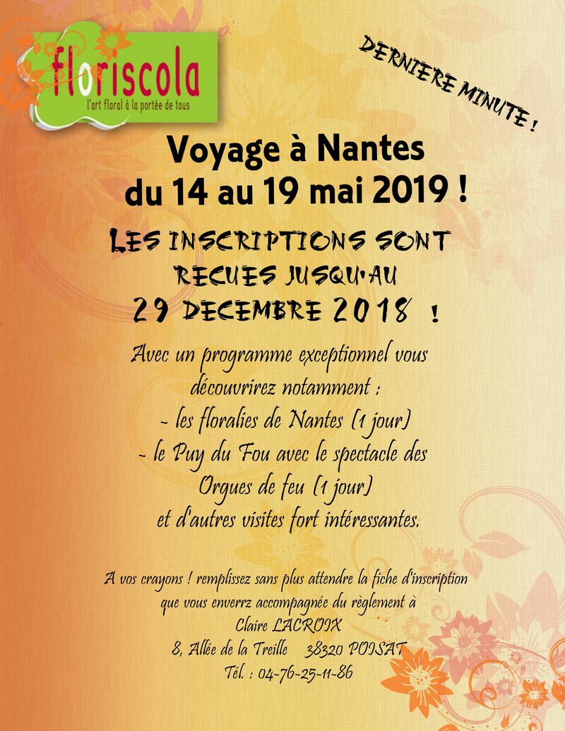 RAPPEL : Voyage à Nantes en mai 2019