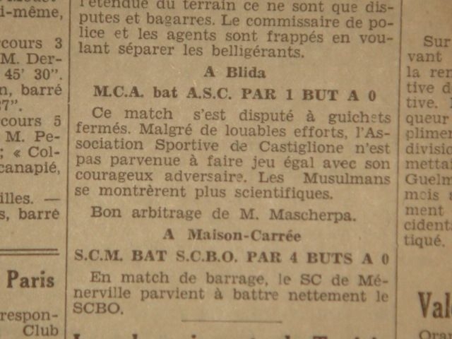 Dimanche 29.5.1932 à Blida Barrage maintien MCA-AS Castiglione 1-0