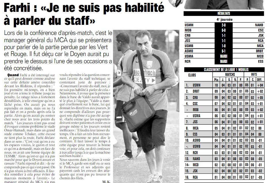 Samedi 12.09.2015 à Tchaker USMB-MCA 1-0