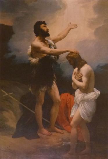 Tableau montrant Jean le Baptiste imposant les mains à Jésus à moitié plongé dans le Jourdain.